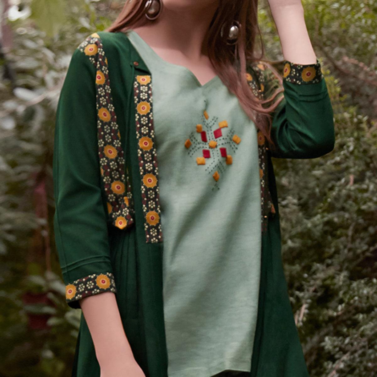 Light Mint-Green Partywear Embroidered Rayon Top-Bottom Set With Shrug