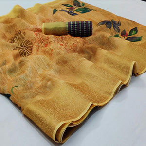 Light Mustard Casual Wear Floral Digital Print With Woven Border Linen Saree