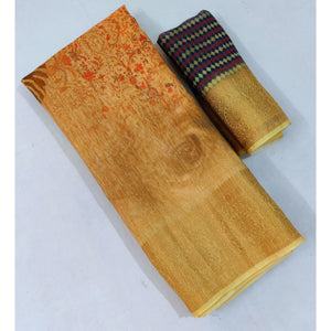 Light Mustard Casual Wear Floral Digital Print With Woven Border Linen Saree