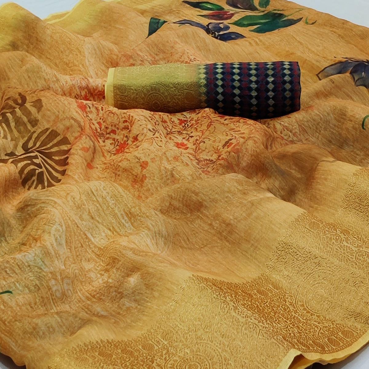 Light Mustard Casual Wear Floral Digital Print With Woven Border Linen Saree