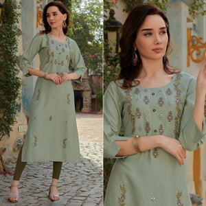 Light Olive Green Embroidered Cotton Silk Kurti