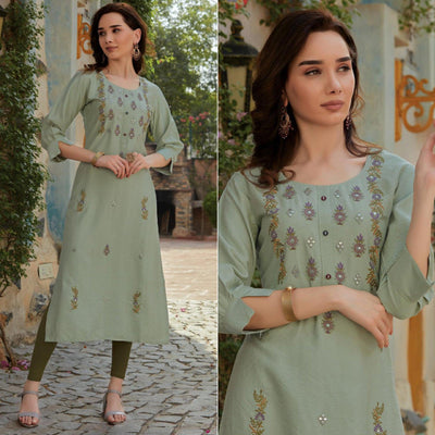 Light Olive Green Embroidered Cotton Silk Kurti