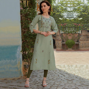 Light Olive Green Embroidered Cotton Silk Kurti