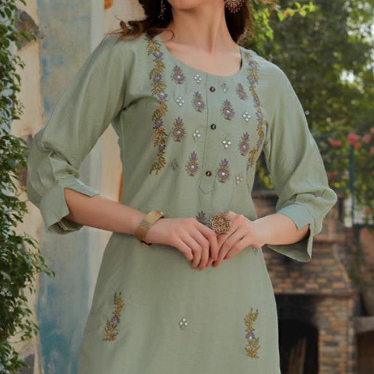 Light Olive Green Embroidered Cotton Silk Kurti
