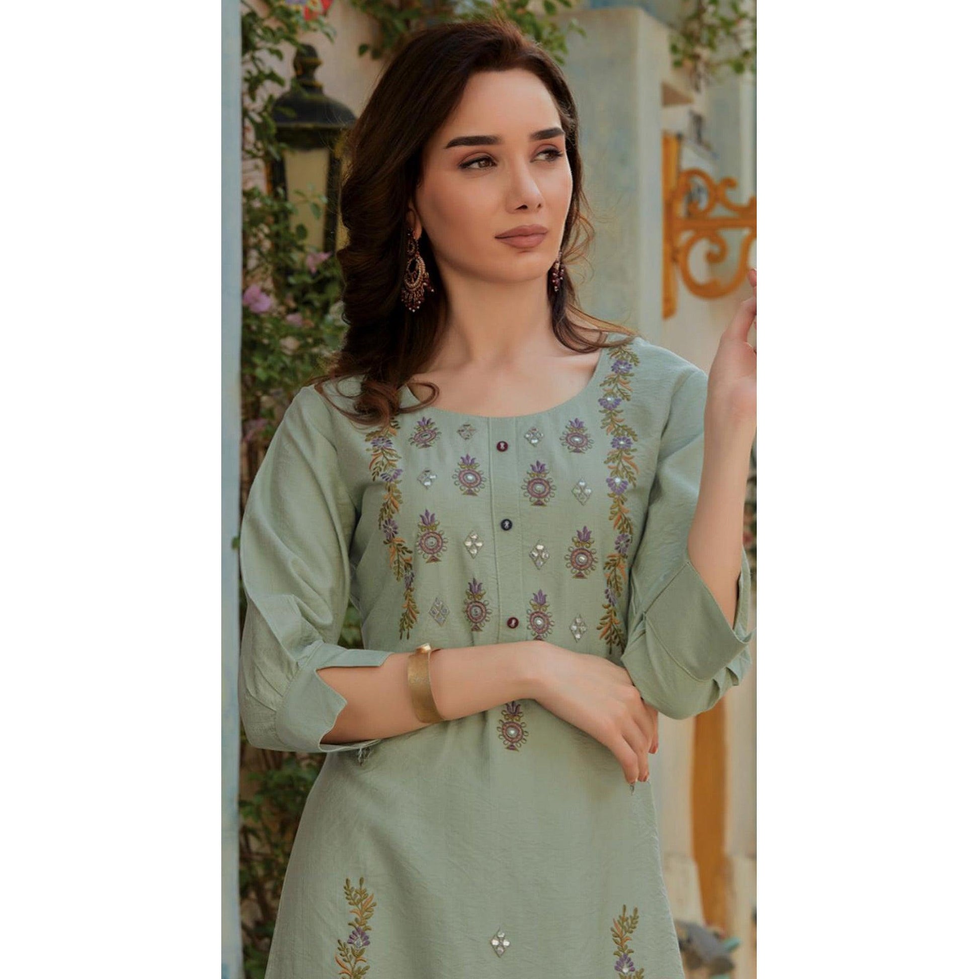 Light Olive Green Embroidered Cotton Silk Kurti