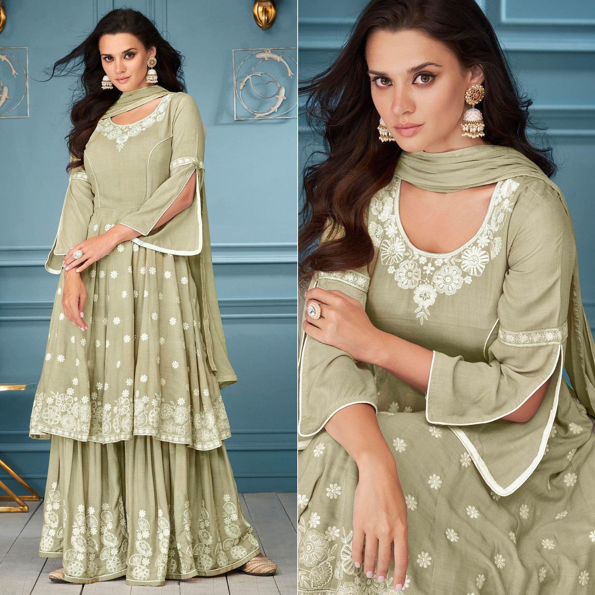 Light Olive Green Embroidered Rayon Sharara Suit
