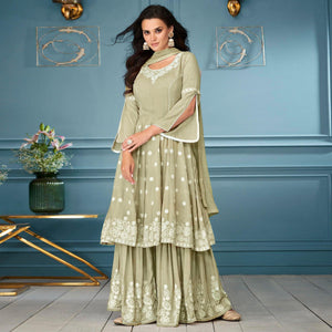 Light Olive Green Embroidered Rayon Sharara Suit