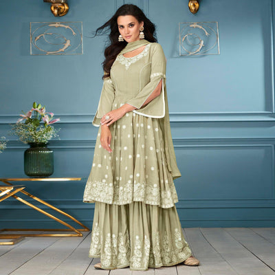 Light Olive Green Embroidered Rayon Sharara Suit