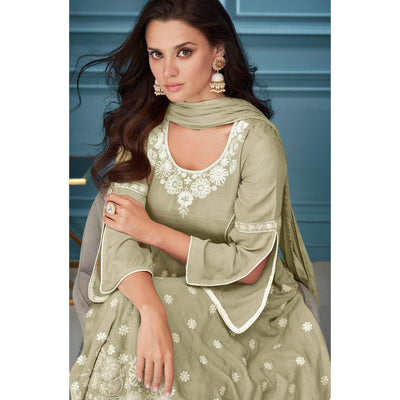 Light Olive Green Embroidered Rayon Sharara Suit