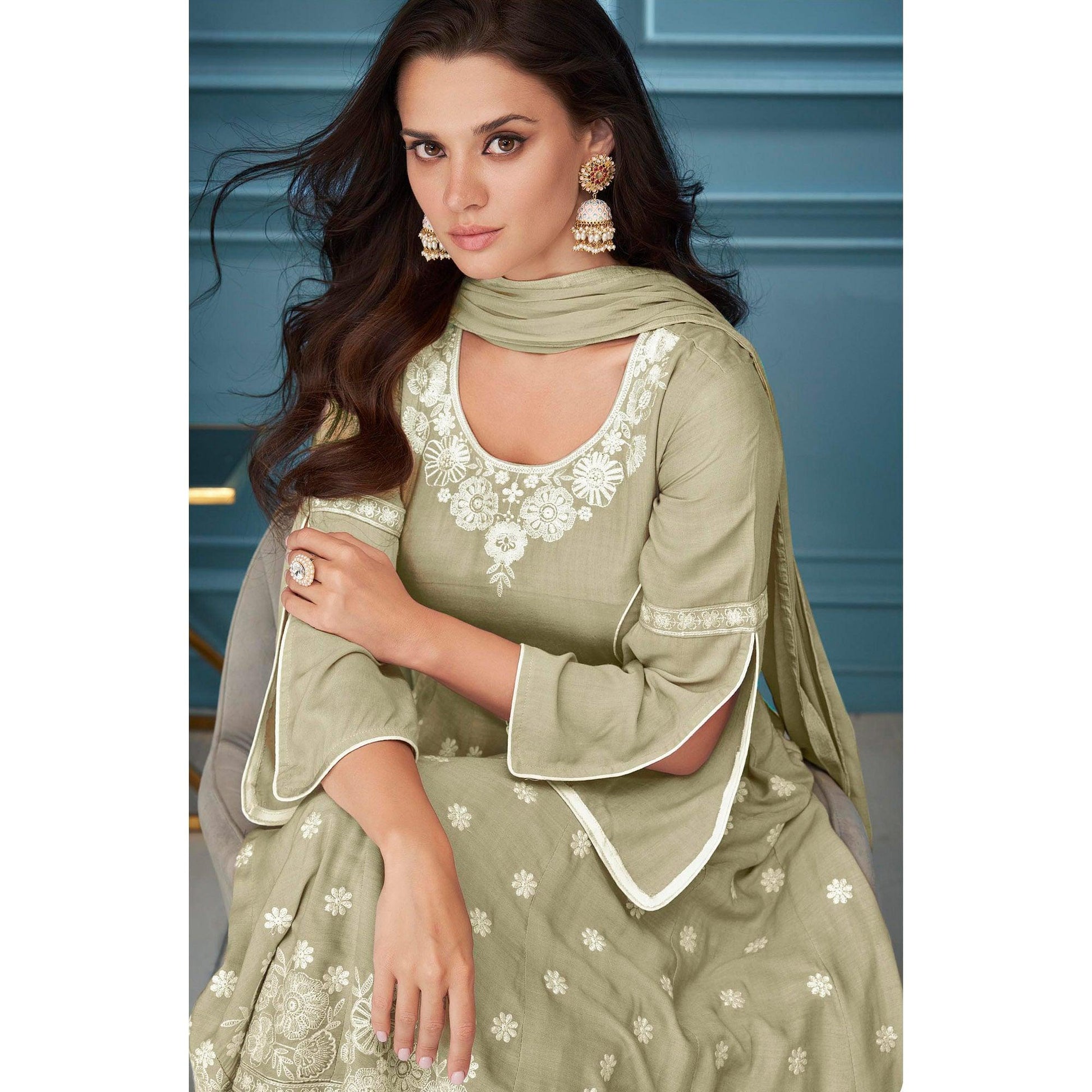 Light Olive Green Embroidered Rayon Sharara Suit