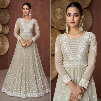 Light Olive Green Party Wear Heavy Embroidered Georgette Gown