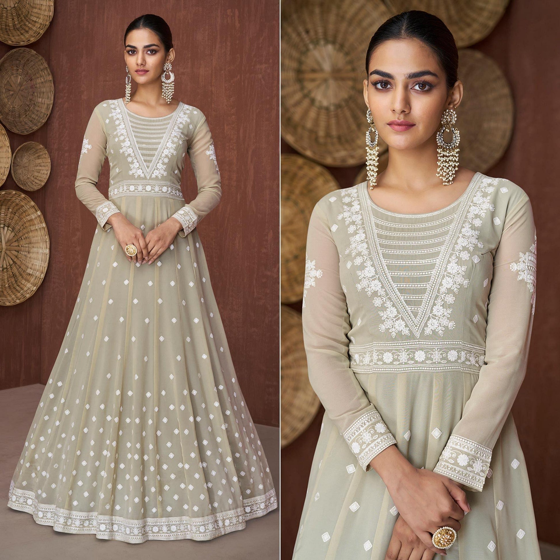 Light Olive Green Party Wear Heavy Embroidered Georgette Gown