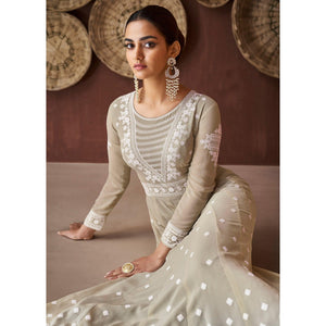 Light Olive Green Party Wear Heavy Embroidered Georgette Gown