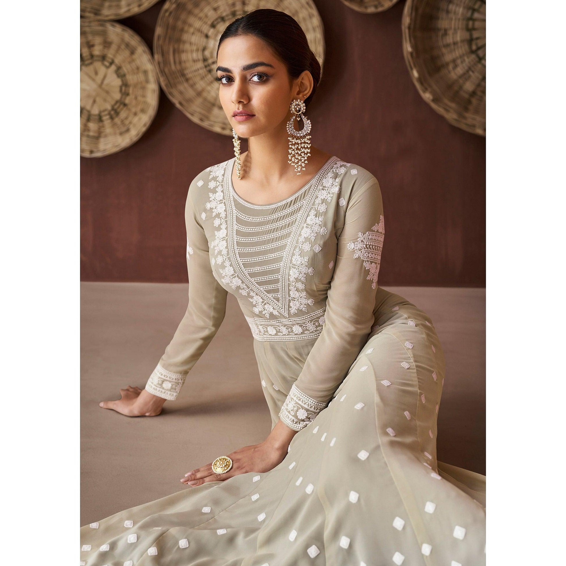 Light Olive Green Party Wear Heavy Embroidered Georgette Gown