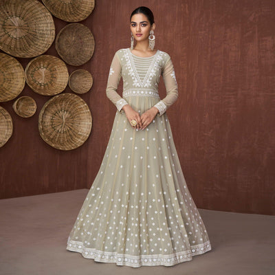 Light Olive Green Party Wear Heavy Embroidered Georgette Gown