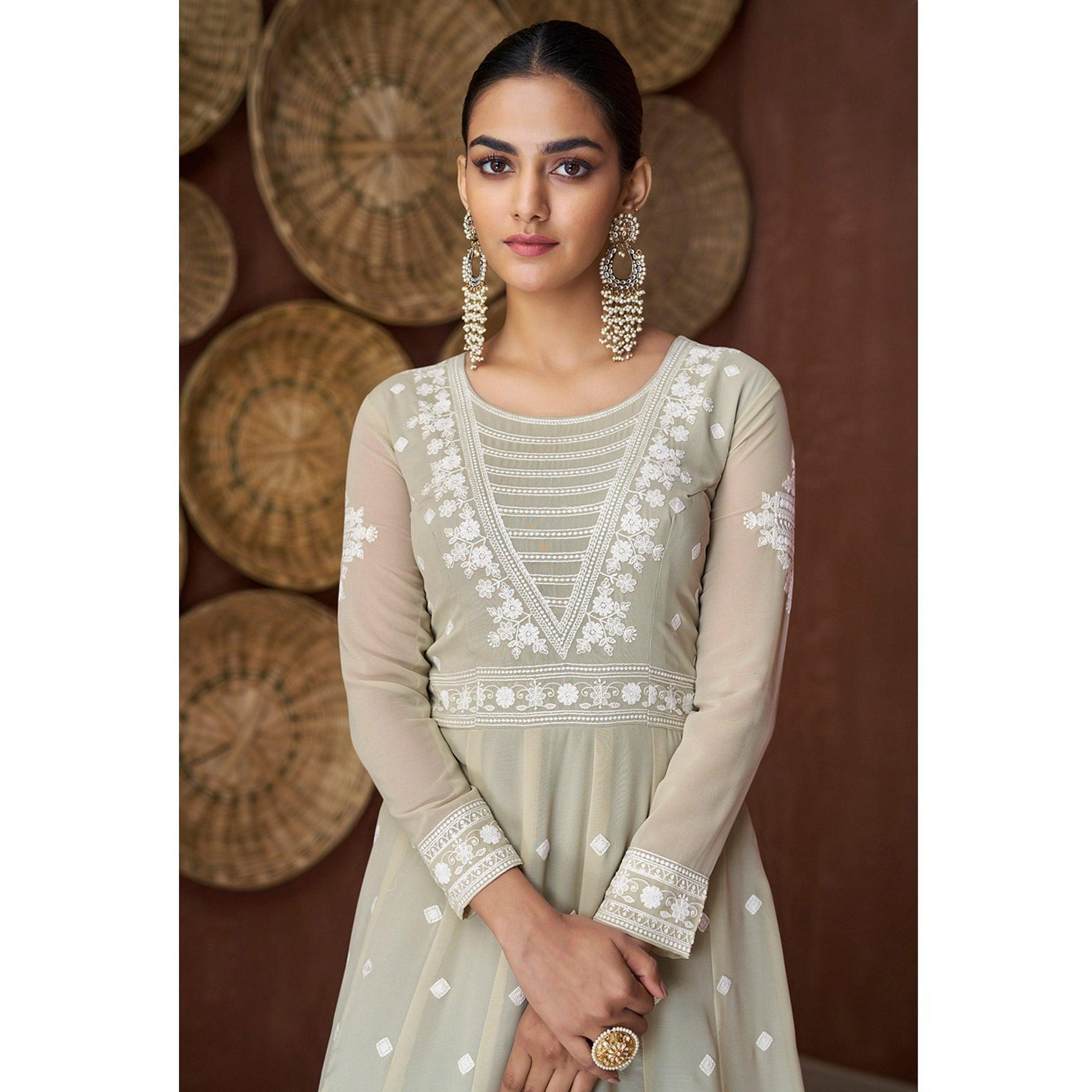 Light Olive Green Party Wear Heavy Embroidered Georgette Gown