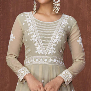 Light Olive Green Party Wear Heavy Embroidered Georgette Gown