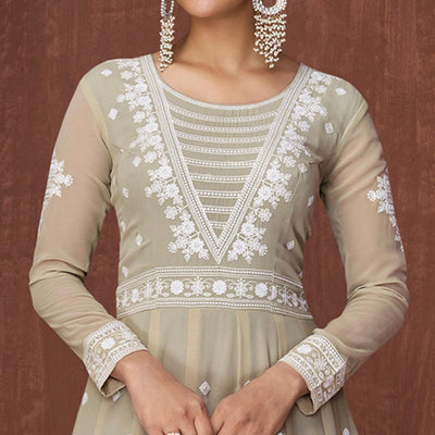 Light Olive Green Party Wear Heavy Embroidered Georgette Gown