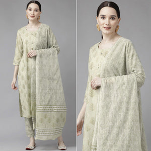 Light Olive Green Printed Pure Cotton Kurti Pant Set with Dupatta