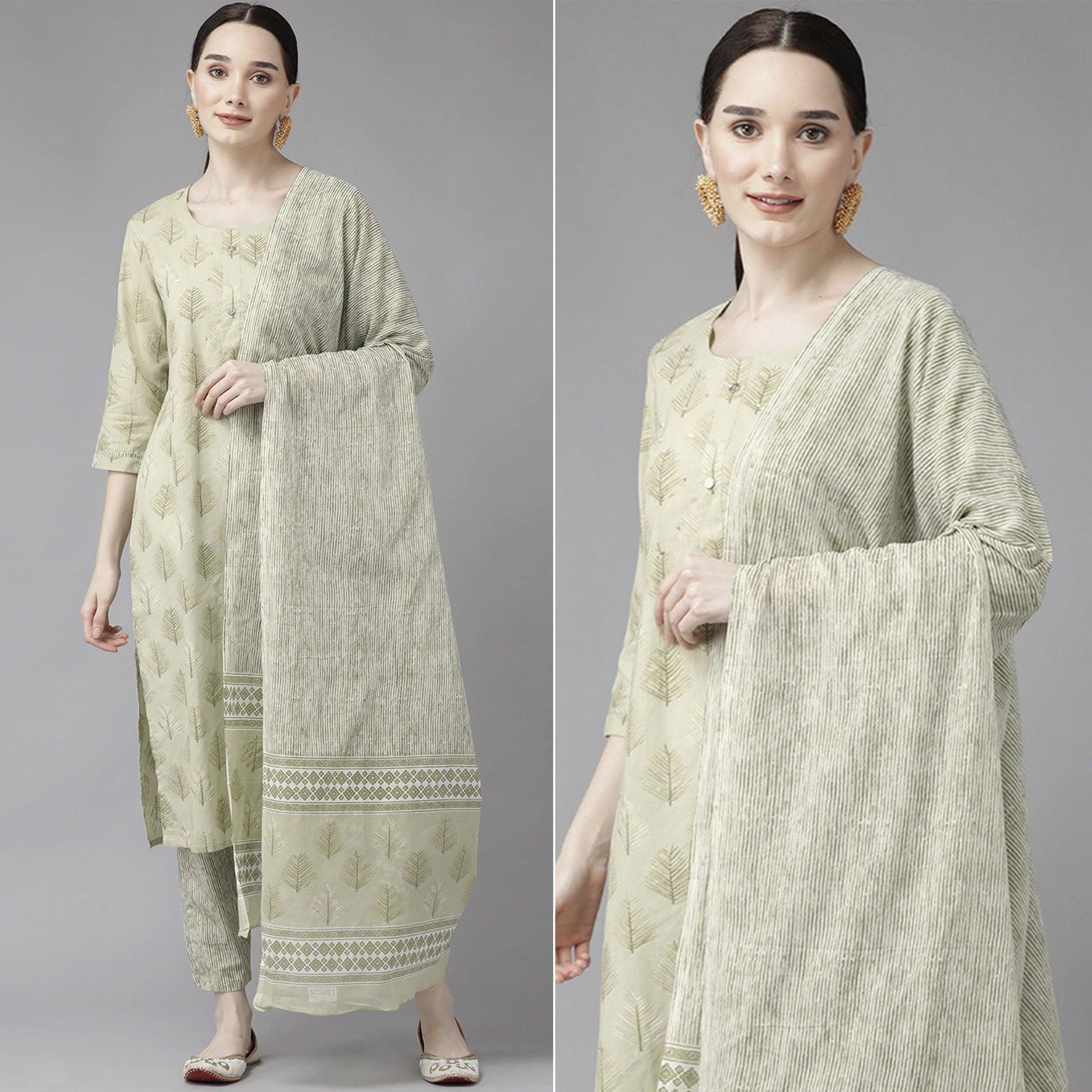 Light Olive Green Printed Pure Cotton Kurti Pant Set with Dupatta