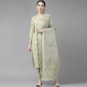 Light Olive Green Printed Pure Cotton Kurti Pant Set with Dupatta