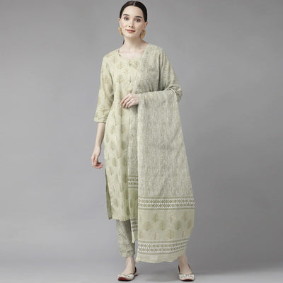Light Olive Green Printed Pure Cotton Kurti Pant Set with Dupatta