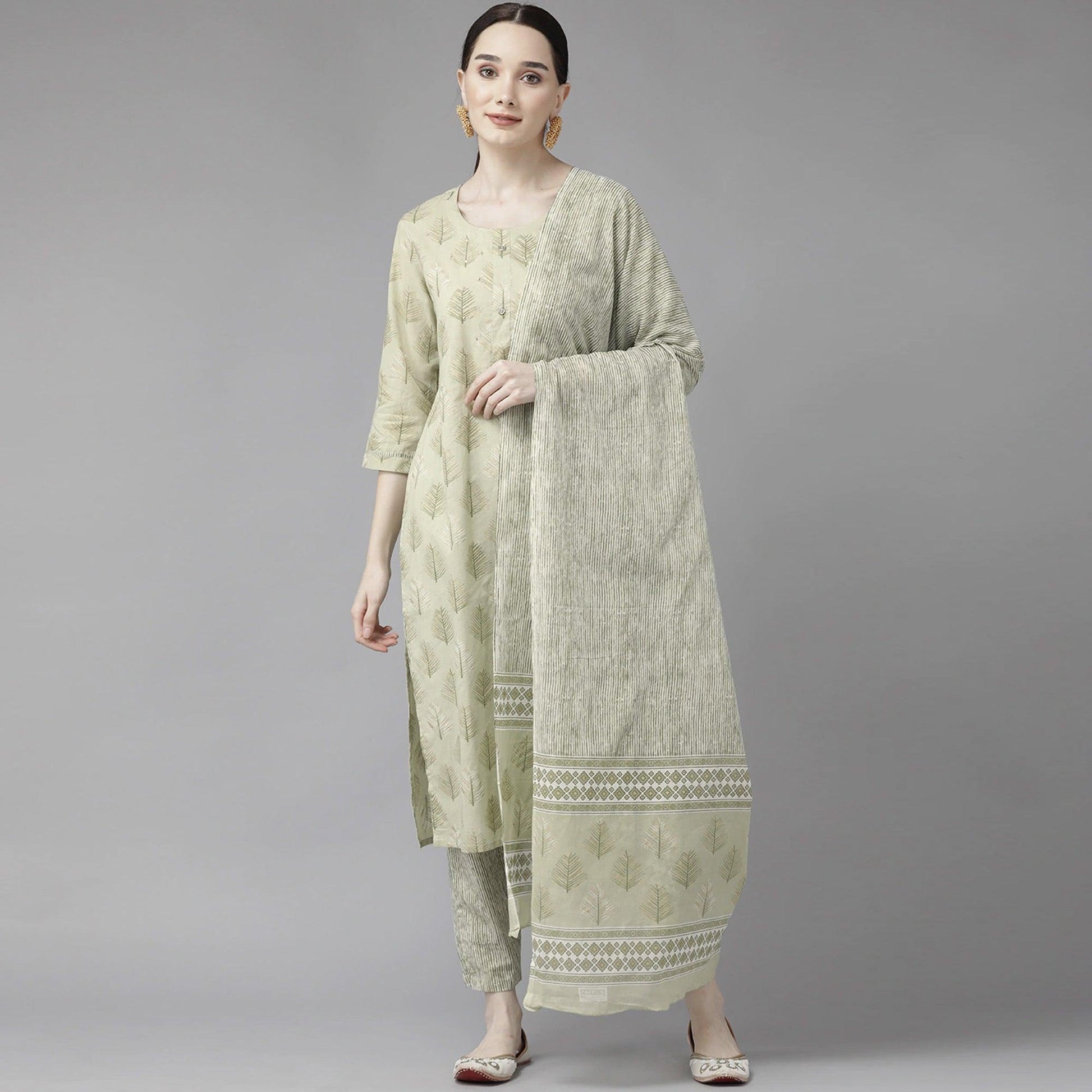 Light Olive Green Printed Pure Cotton Kurti Pant Set with Dupatta
