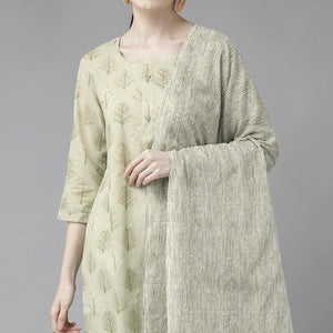 Light Olive Green Printed Pure Cotton Kurti Pant Set with Dupatta