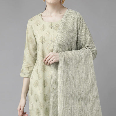 Light Olive Green Printed Pure Cotton Kurti Pant Set with Dupatta