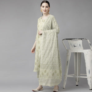 Light Olive Green Printed Pure Cotton Kurti Pant Set with Dupatta