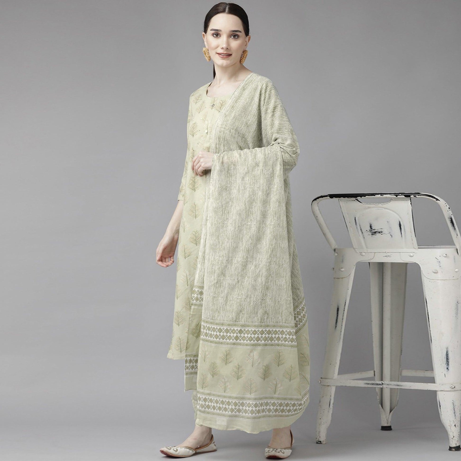 Light Olive Green Printed Pure Cotton Kurti Pant Set with Dupatta