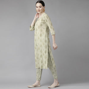 Light Olive Green Printed Pure Cotton Kurti Pant Set with Dupatta