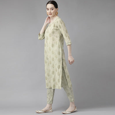 Light Olive Green Printed Pure Cotton Kurti Pant Set with Dupatta