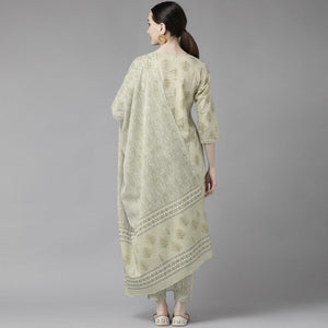 Light Olive Green Printed Pure Cotton Kurti Pant Set with Dupatta