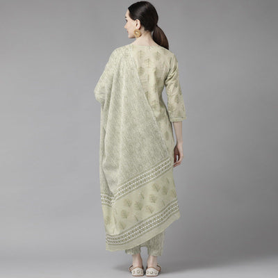 Light Olive Green Printed Pure Cotton Kurti Pant Set with Dupatta