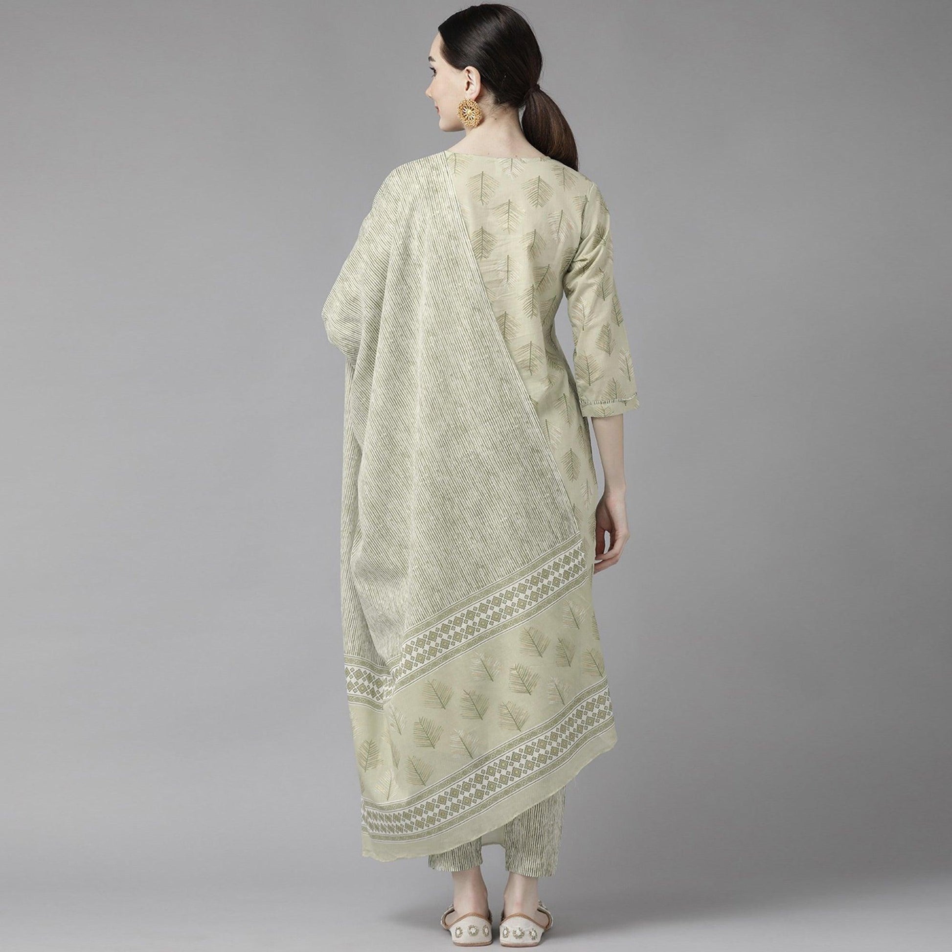 Light Olive Green Printed Pure Cotton Kurti Pant Set with Dupatta