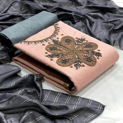 Light Orange Casual Wear Embroidered Modal Dress Material