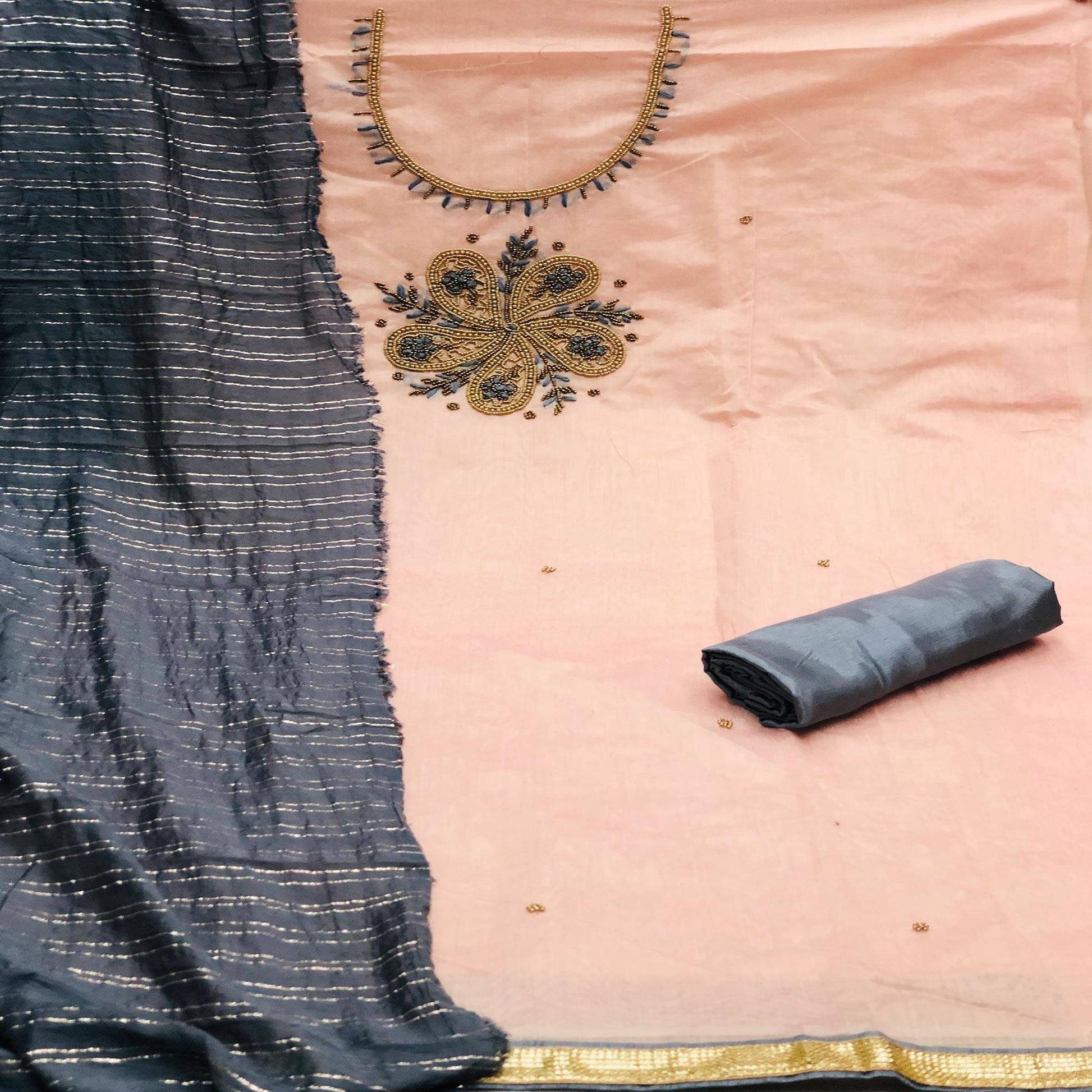 Light Orange Casual Wear Embroidered Modal Dress Material