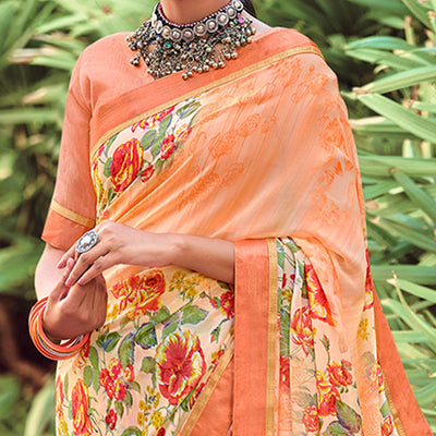 Light Orange Casual Wear Floral Printed Georgette Saree