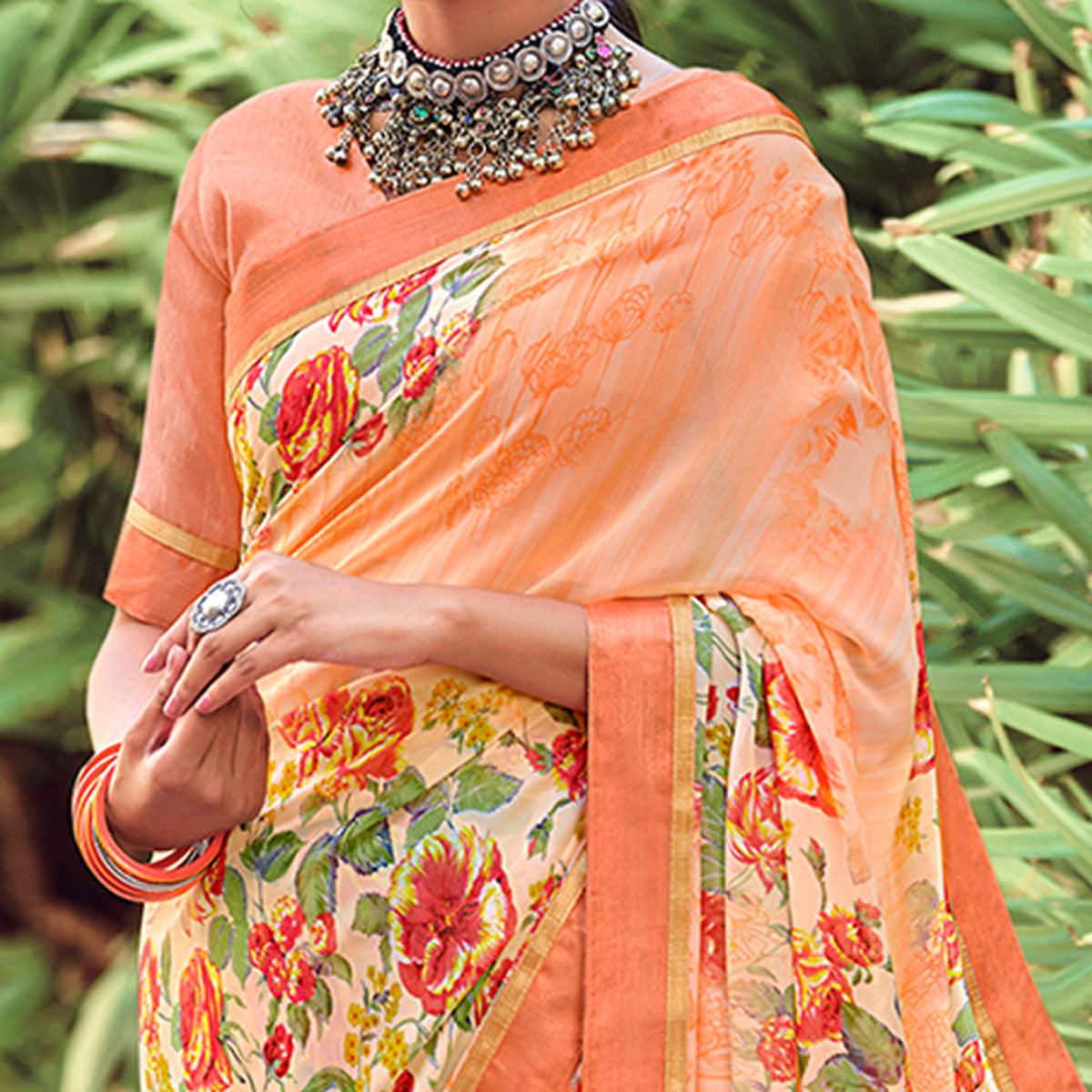 Light Orange Casual Wear Floral Printed Georgette Saree