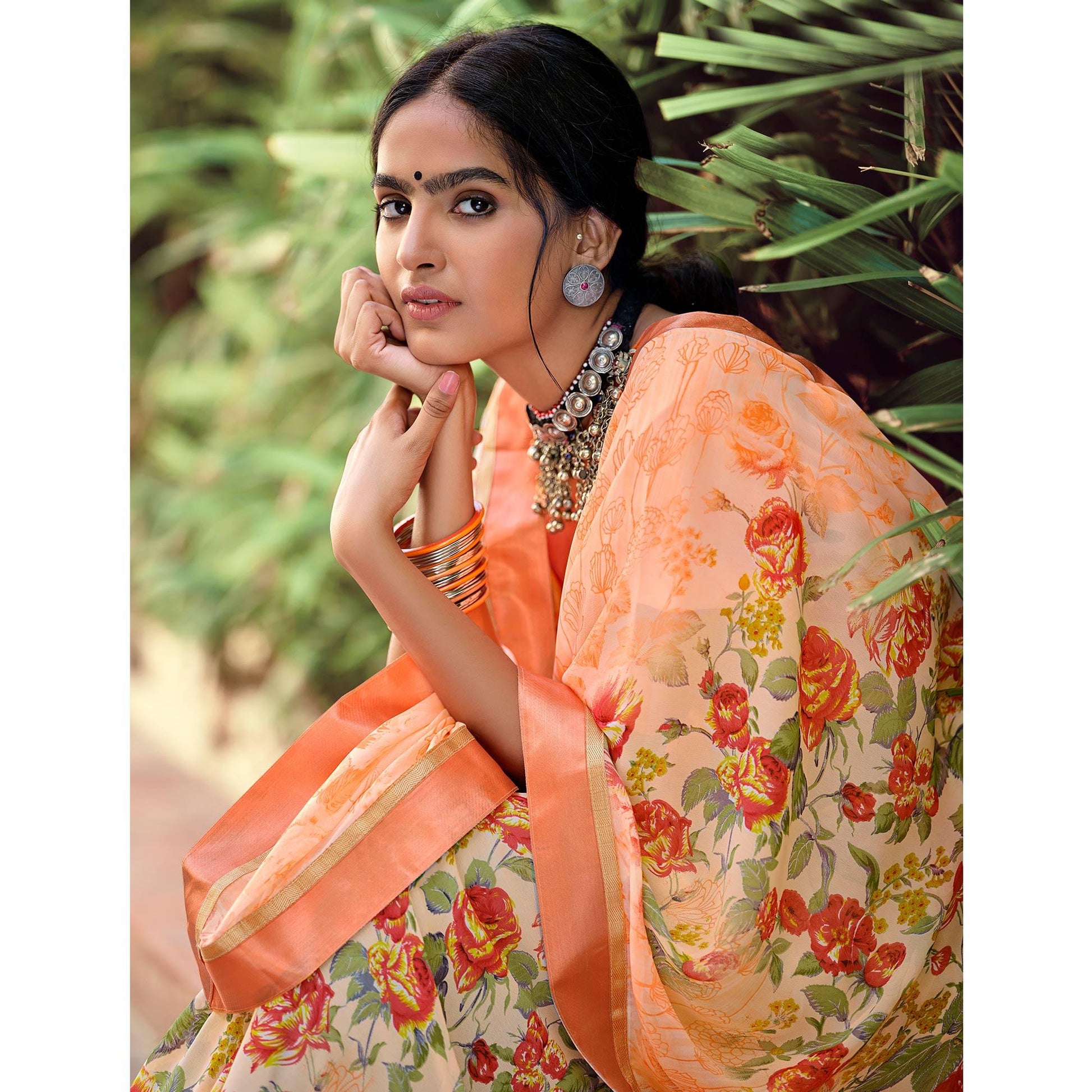 Light Orange Casual Wear Floral Printed Georgette Saree