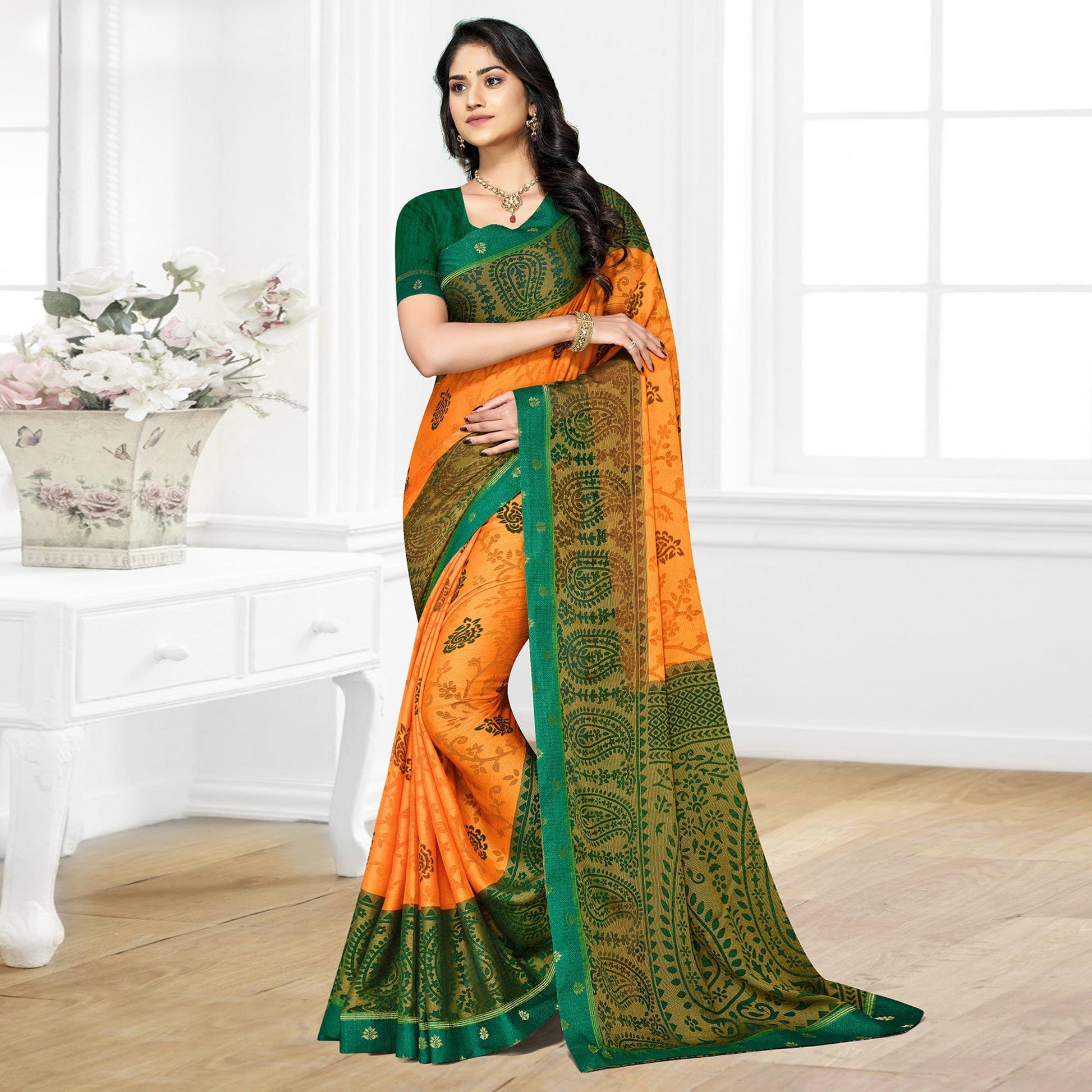 Light Orange Casual Wear Printed Brasso Chiffon Saree