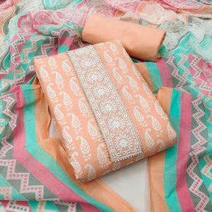 Light Orange Casual Wear Printed Cotton Dress Material