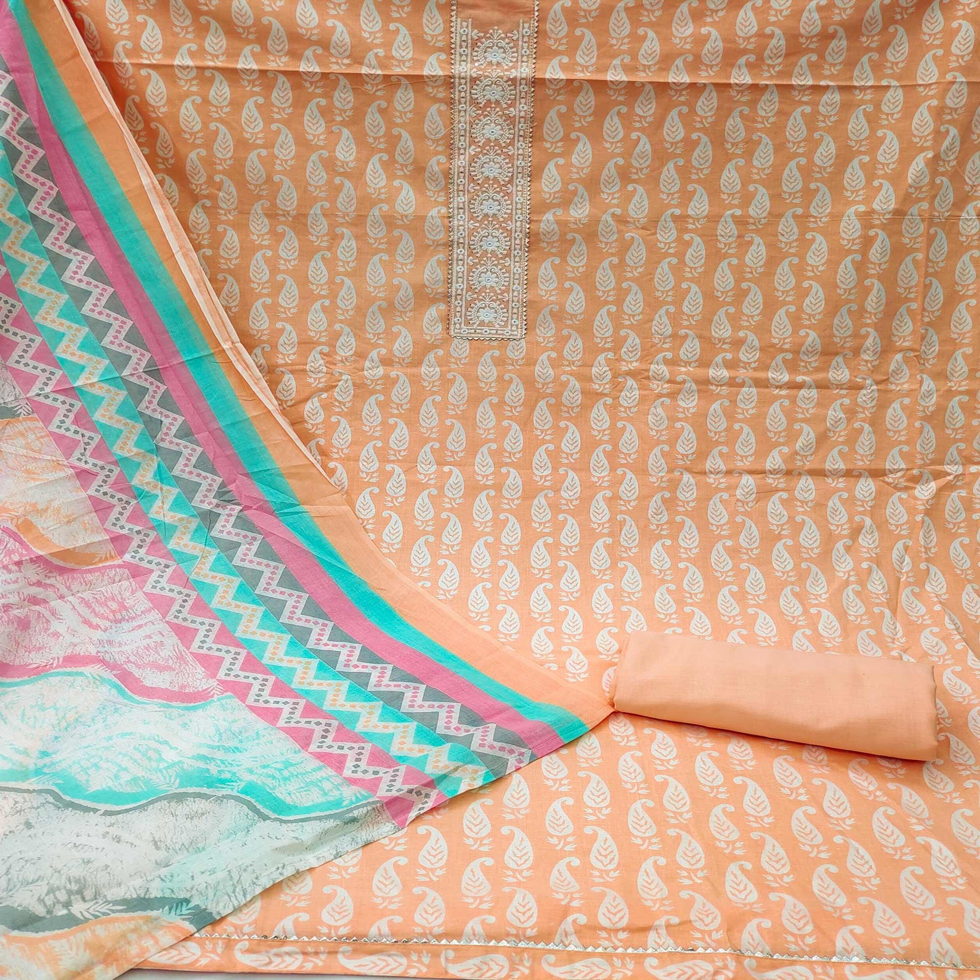 Light Orange Casual Wear Printed Cotton Dress Material