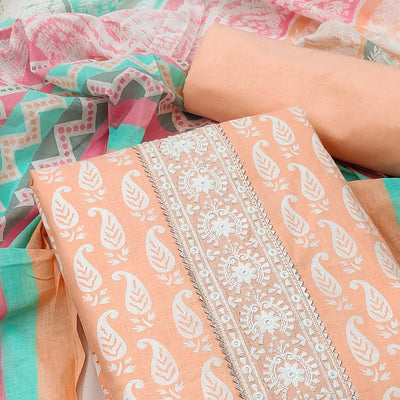 Light Orange Casual Wear Printed Cotton Dress Material