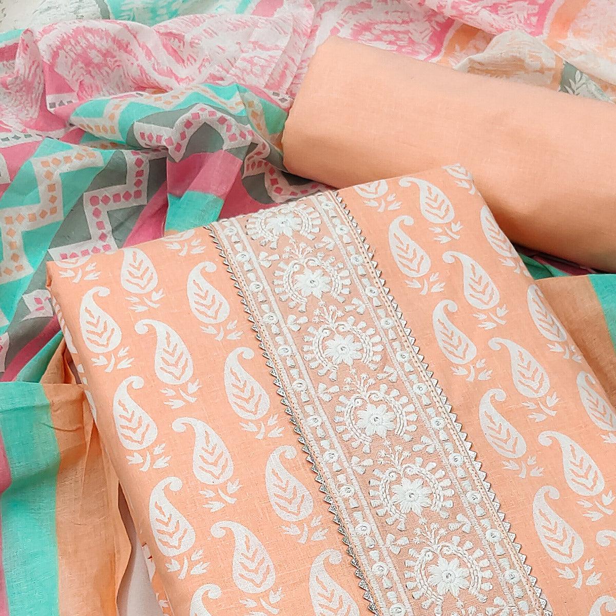 Light Orange Casual Wear Printed Cotton Dress Material