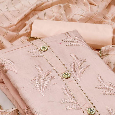 Light Orange Casual Wear Sequins Embroidered Dyeable Cotton Dress Material