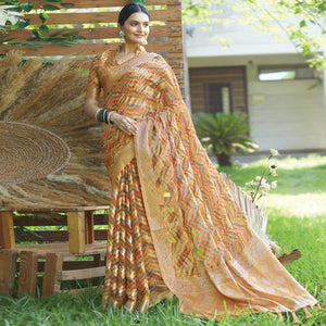 Light Orange Digital Printed Art Silk Saree With Tassels
