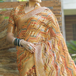 Light Orange Digital Printed Art Silk Saree With Tassels