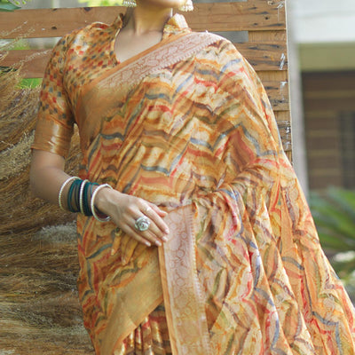 Light Orange Digital Printed Art Silk Saree With Tassels